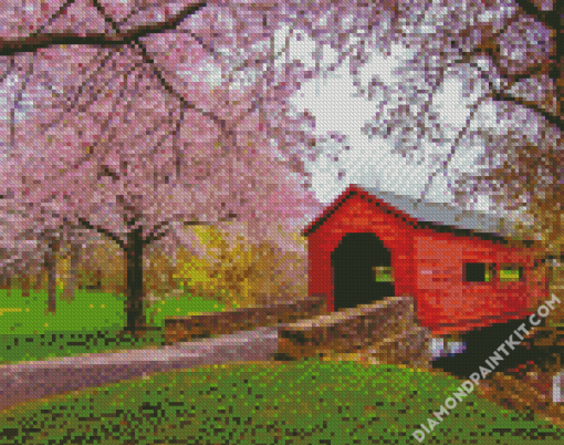 Cherry Blossom Carroll Creek Covered Bridge diamond painting