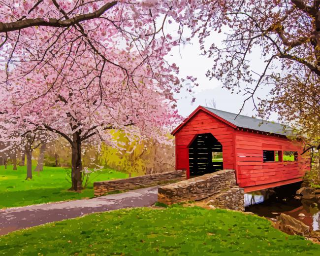 Cherry Blossom Carroll Creek Covered Bridge diamond painting