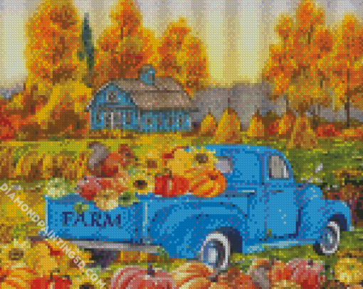 Fall With Blue Truck Diamond Paintings