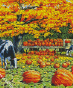 Harvest Wagon Cows And Pumpkins Fall Scene Diamond Paintings