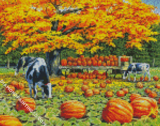 Harvest Wagon Cows And Pumpkins Fall Scene Diamond Paintings