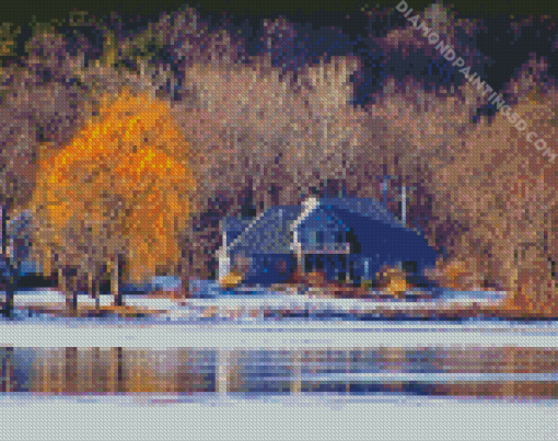 Houses Across Frozen River Diamond Paintings