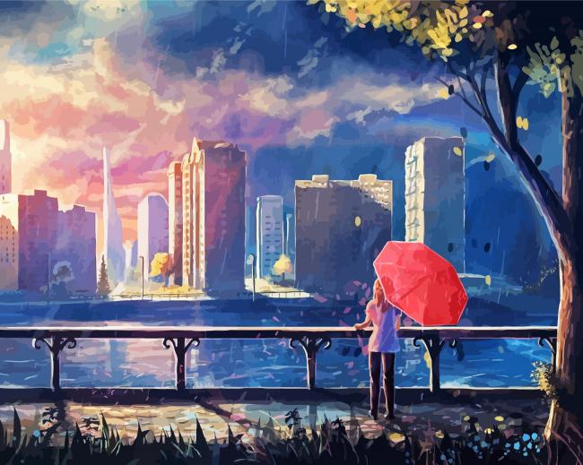 Anime Girl With Umbrella In The Rain Diamond Paintings