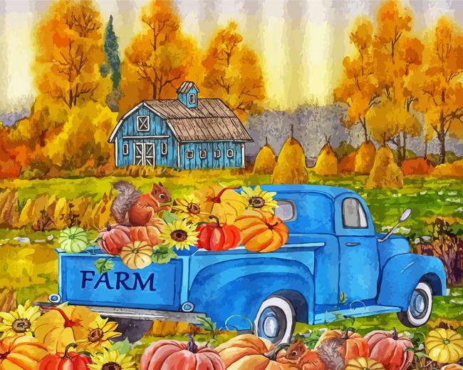 Fall With Blue Truck Diamond Paintings