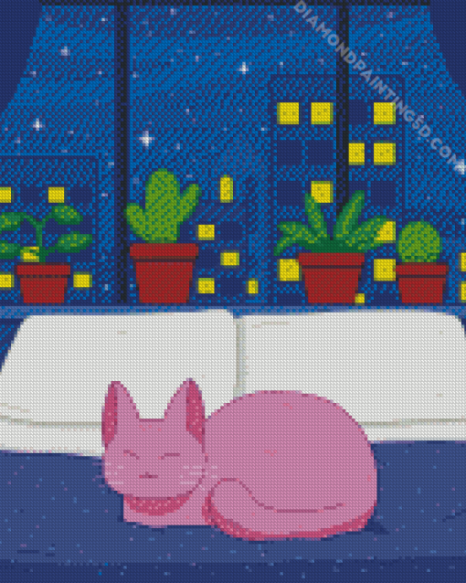 Purple Cat On Bed Diamond Paintings