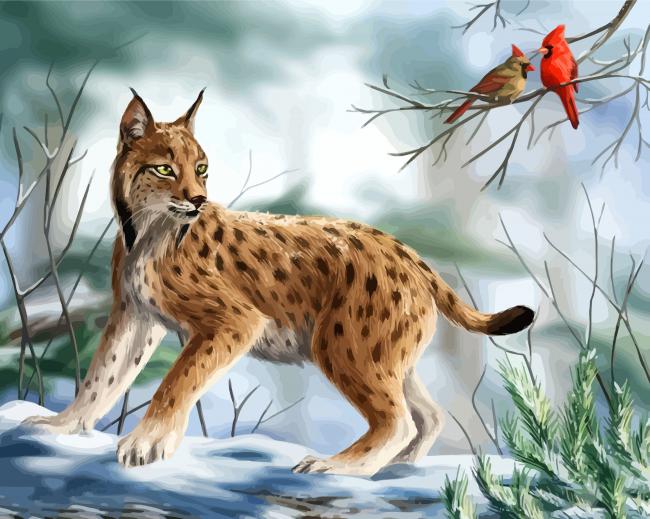 Lynx Cat And Cardinals diamond painting