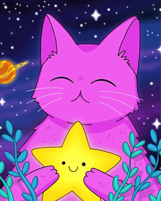 Purple Cat Holding Star Diamond Paintings