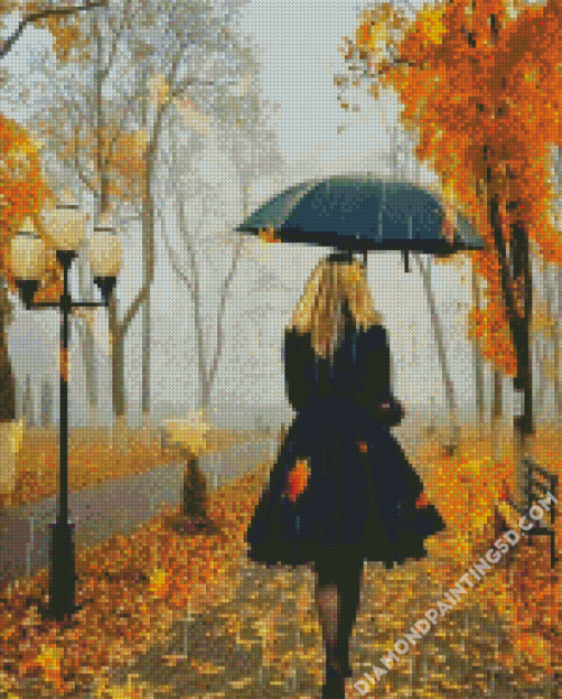 Walking Girl In The Rain Diamond Paintings