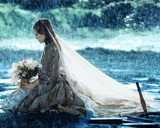 Sad Bride Kneeling Under Rain Diamond Paintings