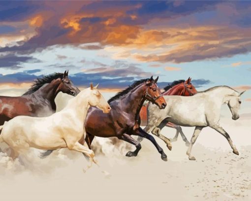 Five Horses In Desert Diamond Paintings