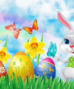 Grey Rabbit And Easter Eggs Diamond Paintings