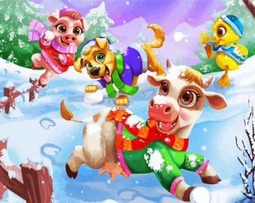 Happy Animals Enjoying The Snow Diamond Paintings