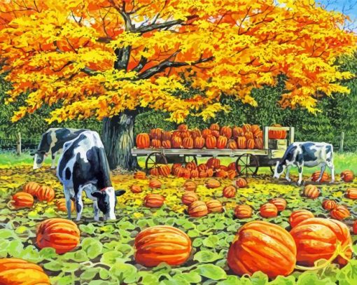 Harvest Wagon Cows And Pumpkins Fall Scene Diamond Paintings