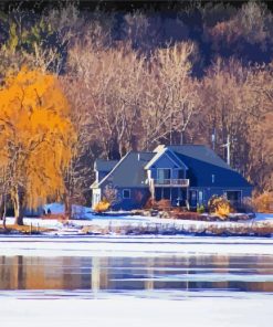 Houses Across Frozen River Diamond Paintings