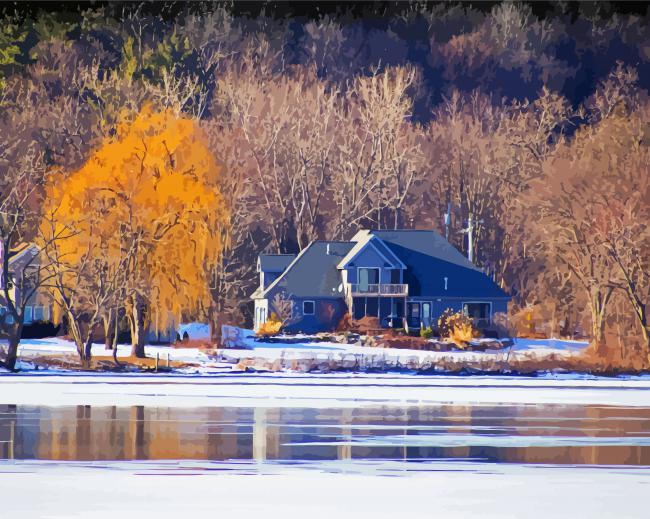 Houses Across Frozen River Diamond Paintings