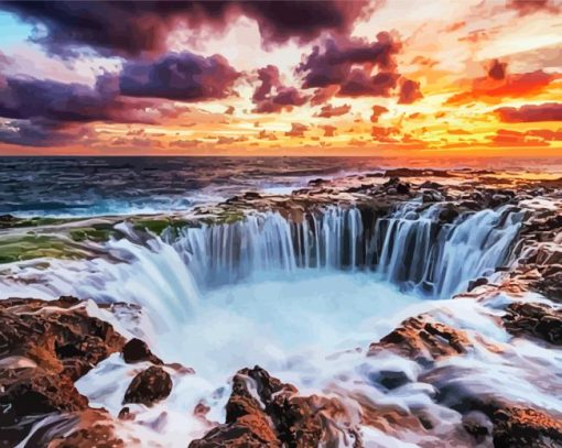 Red Sunset Canary Islands Waterfall Diamond Painting