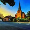 Village Church Sunset Diamond Paintings