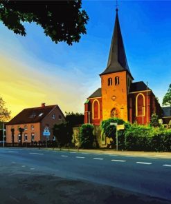 Village Church Sunset Diamond Paintings