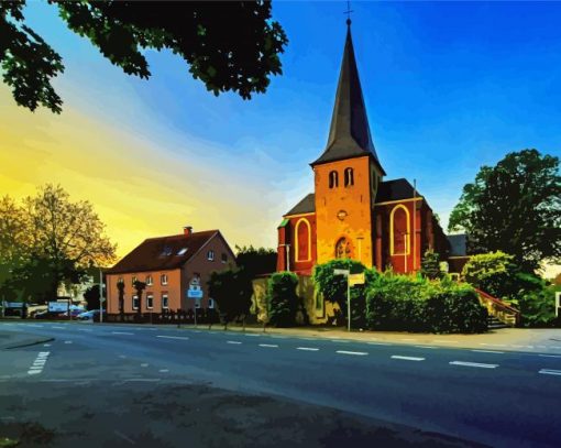 Village Church Sunset Diamond Paintings