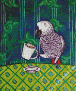 Grey Parrot Drinking Coffee Diamond Paintings