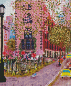 Spring Pink Village Diamond Paintings