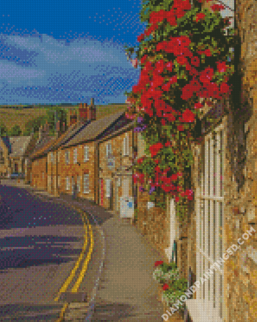 Pink Flowers English Village Diamond Paintings