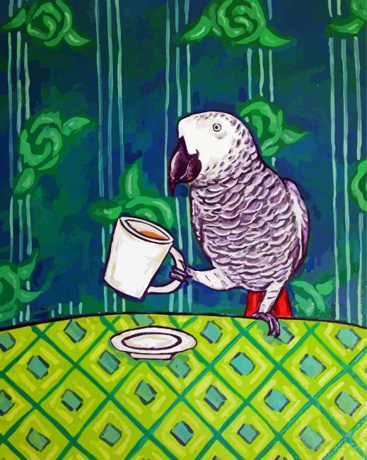 Grey Parrot Drinking Coffee Diamond Paintings