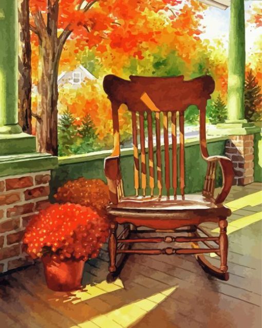 Rocking Chair With Red Mums Diamond Paintings