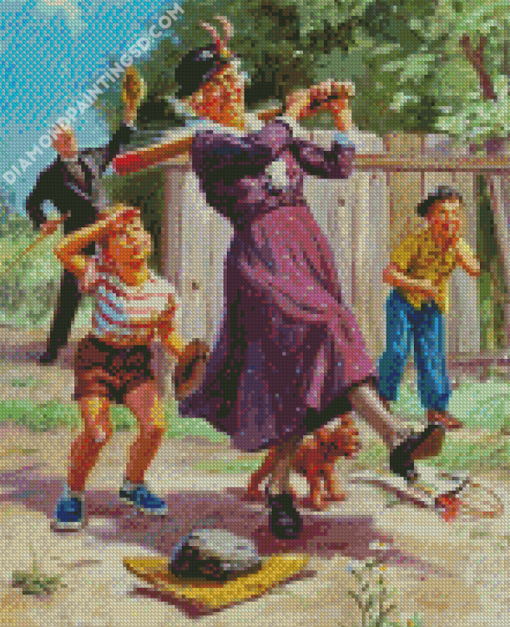 Grandma And Grandchildren Playing Baseball Diamond Paintings