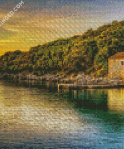 Cottage By The Sea Sunset Seascape Diamond Paintings