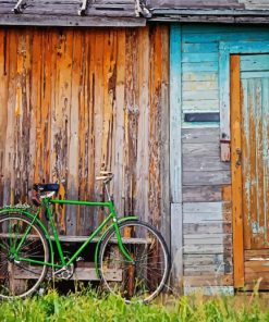 Green Bicycle By Door Diamond Paintings