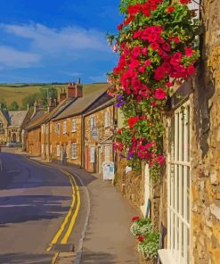 Pink Flowers English Village Diamond Paintings