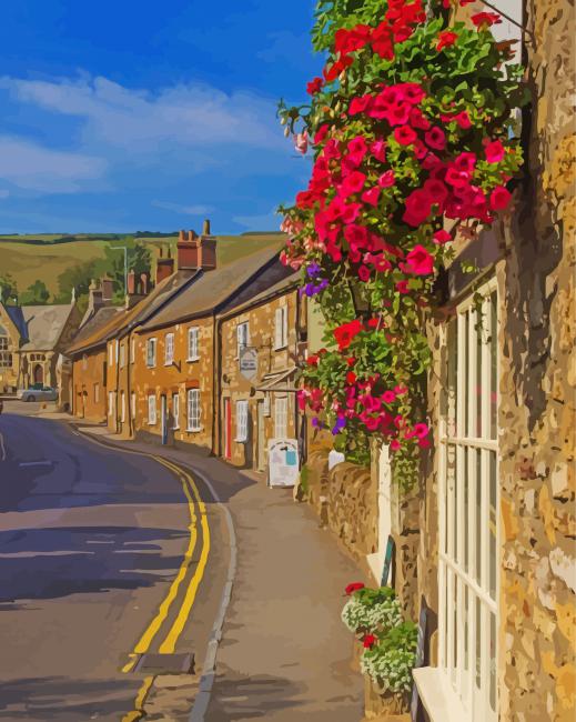 Pink Flowers English Village Diamond Paintings