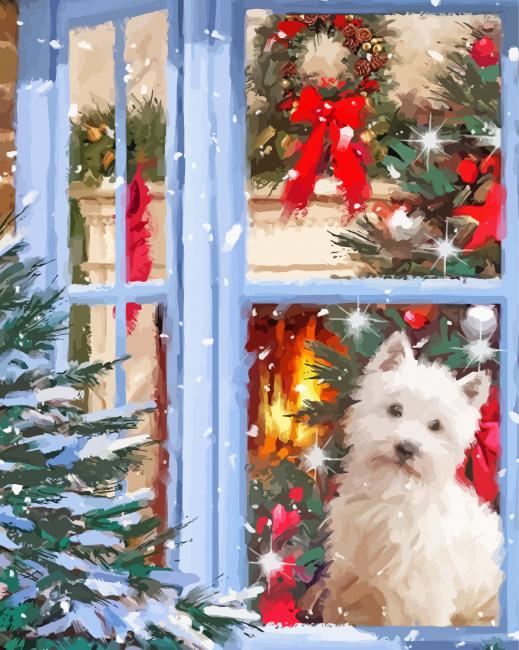 White Dog In Christmas Diamond Paintings