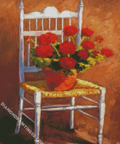 Red Flowers Vase On A Chair Diamond Paintings