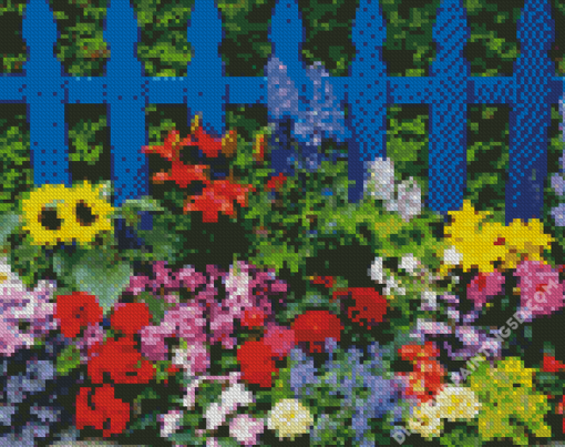 Blue Fence And Colorful Flowers Diamond Paintings