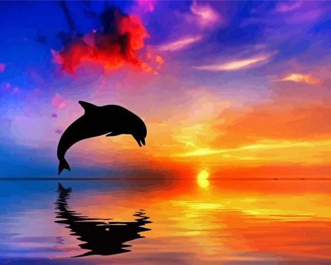 Dolphin Silhouette At Sunset Diamond Paintings