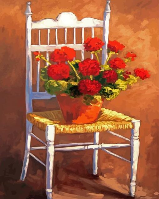 Red Flowers Vase On A Chair Diamond Paintings