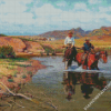 Cowboys And Horses In Water Diamond Paintings