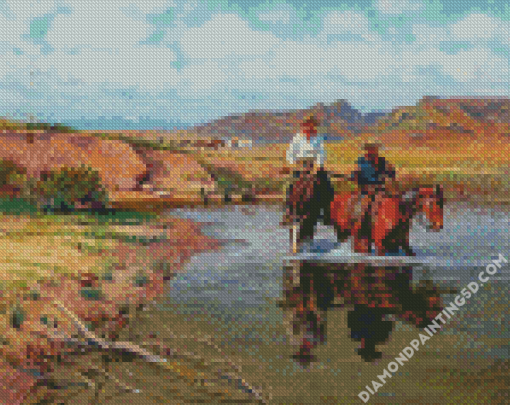 Cowboys And Horses In Water Diamond Paintings