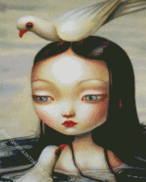 Asian Girl And Birds Diamond Paintings