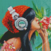 Girl With Headphones And Flowers Diamond Paintings