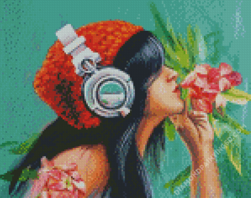 Girl With Headphones And Flowers Diamond Paintings