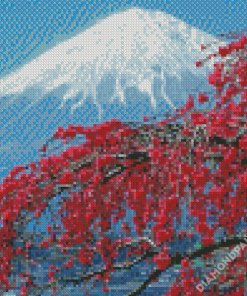 Fall Cherry Blossom With Snowy Mountain Diamond Paintings