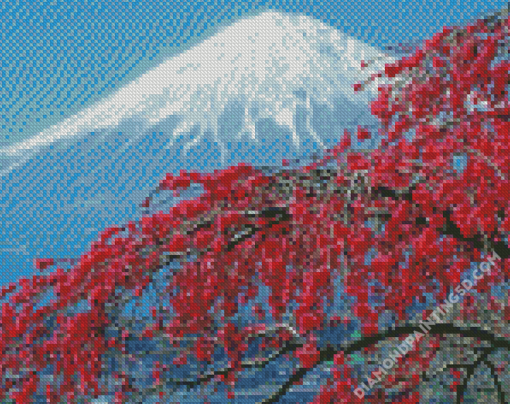 Fall Cherry Blossom With Snowy Mountain Diamond Paintings