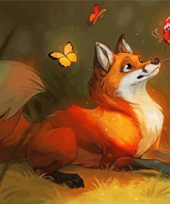 Animated Red Fox And Butterflies Diamond Paintings