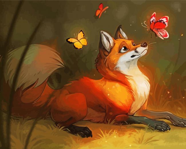 Animated Red Fox And Butterflies Diamond Paintings