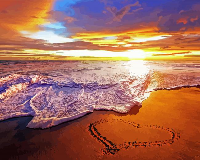 Beach With Heart Sunset Diamond Paintings