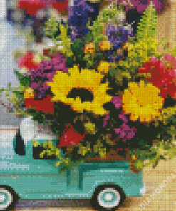 Flowers And Cyan Car Diamond Paintings