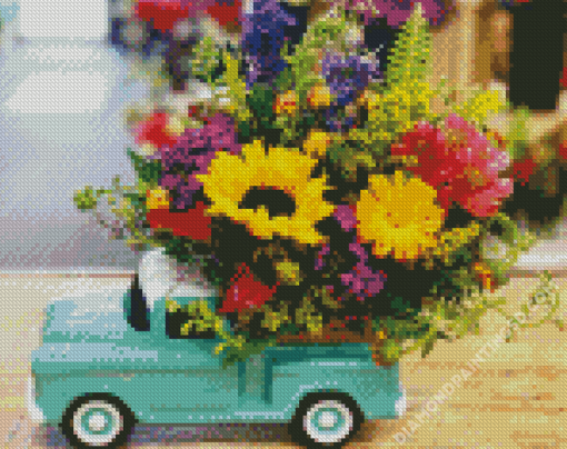 Flowers And Cyan Car Diamond Paintings